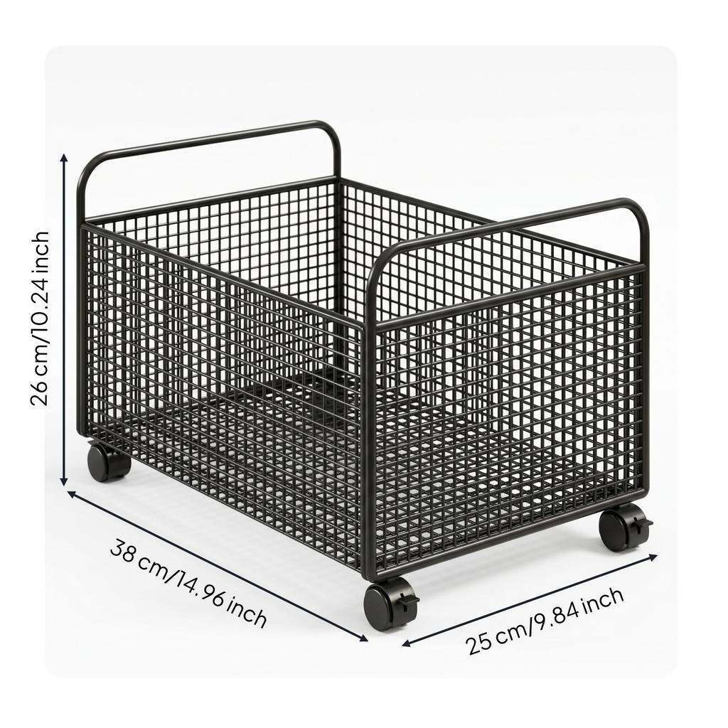 Mobile book trolley, open wire mesh storage trolley with handles, furniture