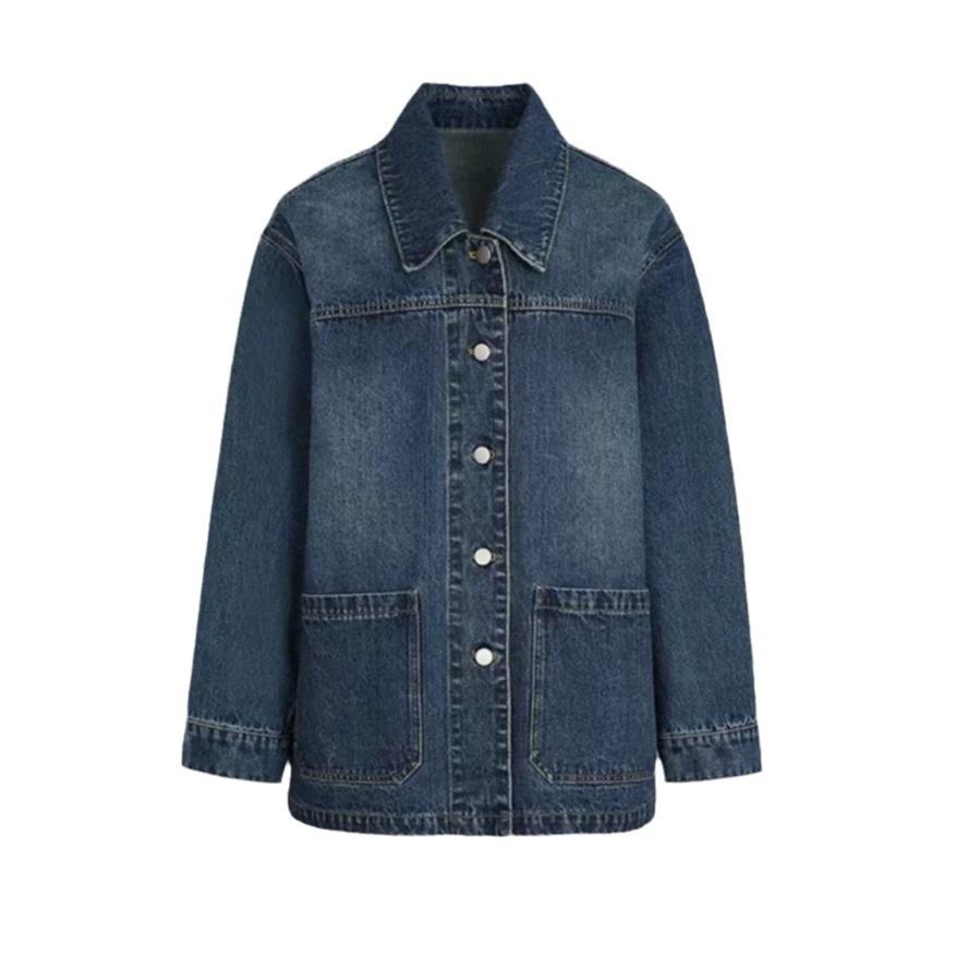 Frühlings- und Herbst Damen Einfache Lässige Lockere Jeansjacke Große Taschen Retro Umlegekragen Langarm Jacke Mäntel