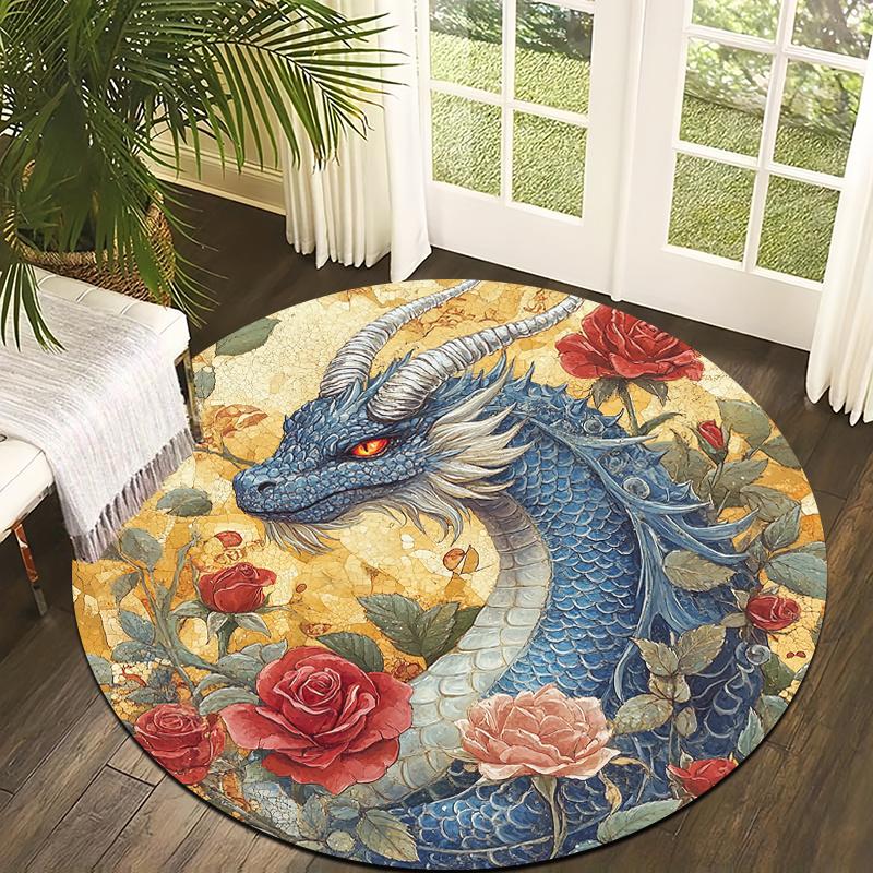 Dragon and Rose Style Flannel-printed round floor mats are slip-resistant Suitable living room bedroom terrace garden carpets