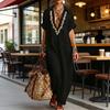 Sommer Baumwoll-Leinen Maxikleid für Damen Lässig V-Ausschnitt Kurzarm Fließendes Strand-Sonnenkleid Bestickte Tunika Langes Kleid mit Tasche