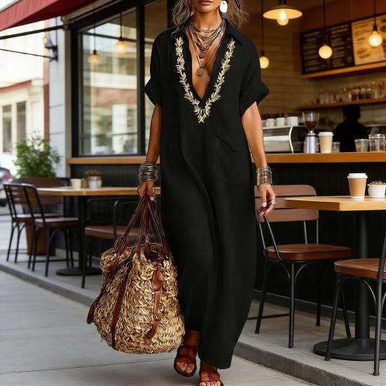 Sommer Baumwoll-Leinen Maxikleid für Damen Lässig V-Ausschnitt Kurzarm Fließendes Strand-Sonnenkleid Bestickte Tunika Langes Kleid mit Tasche