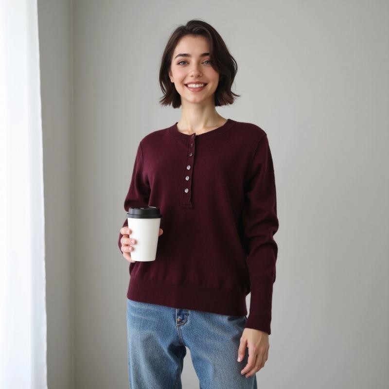 0 wool half placket round neck pullover knitted sweater top women's autumn simple age-reducing sweater