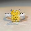 Princess Square S925 Sterling Silver Ring with Yellow Four-Claw Diamond - European & American Style, Non-Fading