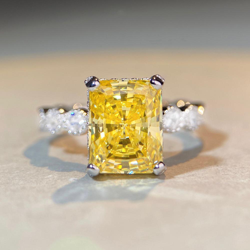 Princess Square S925 Sterling Silver Ring with Yellow Four-Claw Diamond - European & American Style, Non-Fading