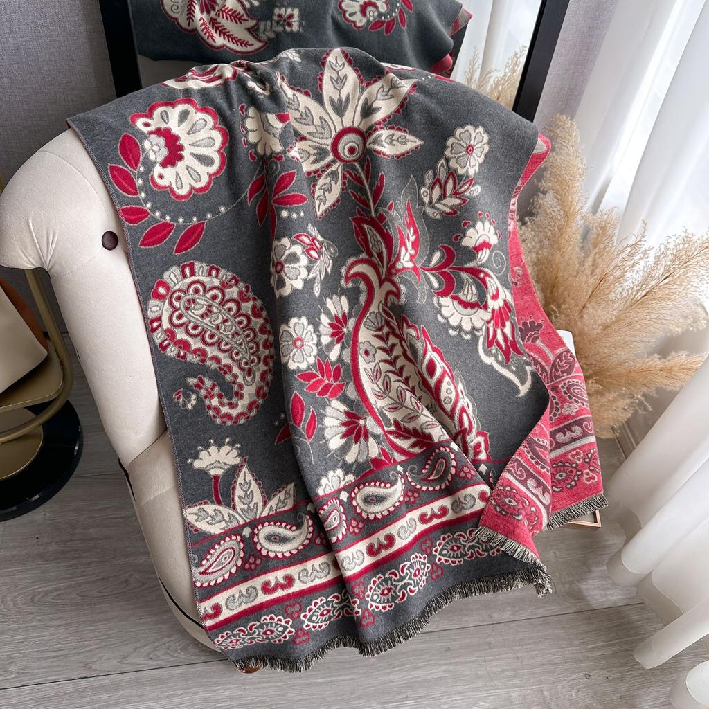 400G Thickened Version Of Retro Ethnic Style Cashew Flower Scarf Women'S Winter High-End Warm Scarf Imitation Cashmere Shawl
