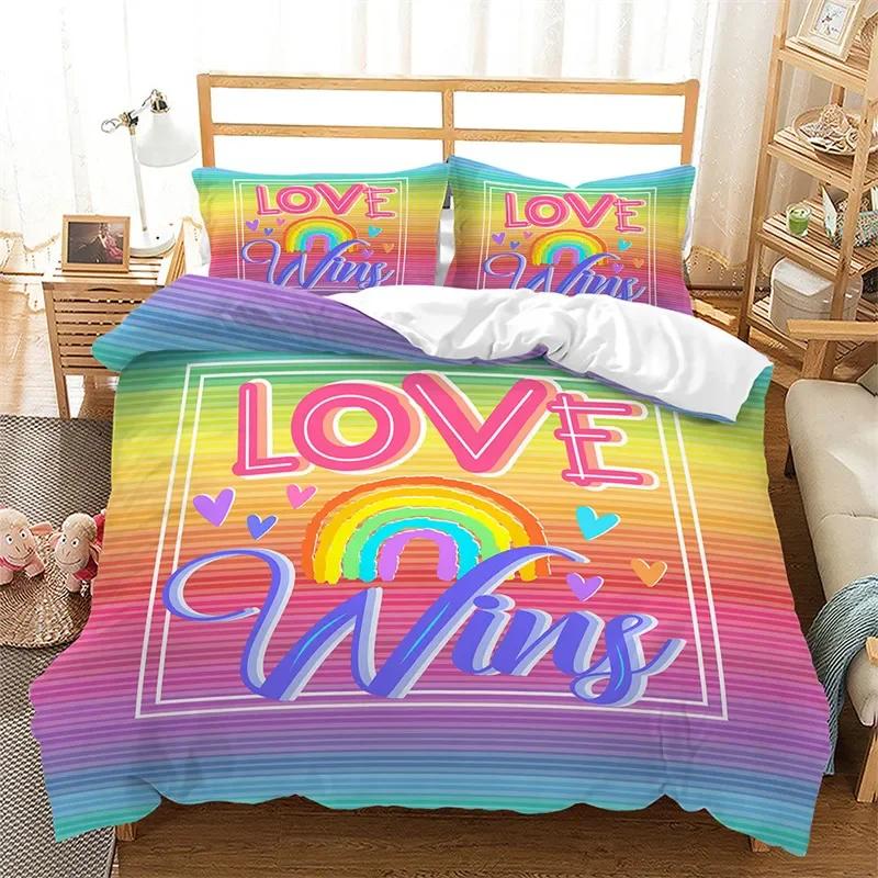 Rainbow Pride Bedding Set Rainbow Flags Duvet Cover Set Rainbow Stripe Design 3 Pieces Soft Microfiber Bedding Queen/King Size