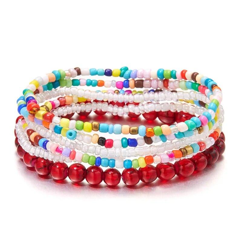 Conjunto de Pulseiras de Contas de Arroz Boho para Mulheres Multicamadas Tecidas à Mão Pulseira de Contas de Cristal Joias para Festa de Verão Presentes de Amizade