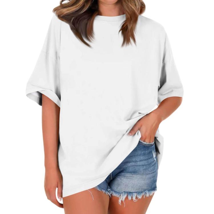 Women Casual Loose T Shirt Round Neck Short Sleeve Falling Shoulder Solid Color Top Ladies Fashion Blouse