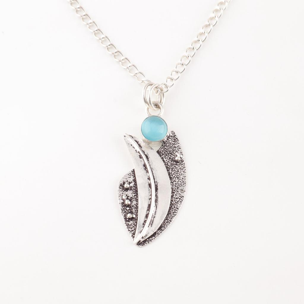 Blue Cat's Eye Gemstone 925 Solid Silver Jewelry Handmade Leaf Pendant For Her PP-36-43