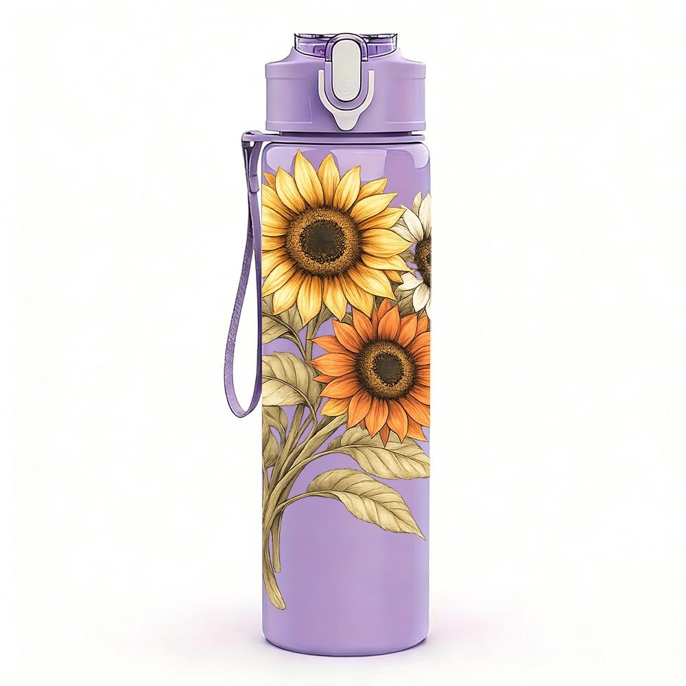 1PC Single Sunflower Watercolor Flower Print 750ml Color Plastic Sports Water Bottle Leakproof Flip Straw Lid Suitable for Sports Office Home Use
