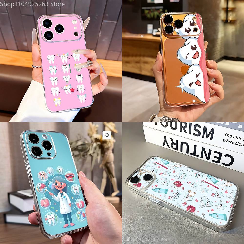 Cartoon Zähne Zahnarzt Handyhülle Für iPhone 7,17,16,15,14,13,12,11 Pro,Max,Plus,XR,Mini,E Klar Vollständige Abdeckung Weiche Hülle