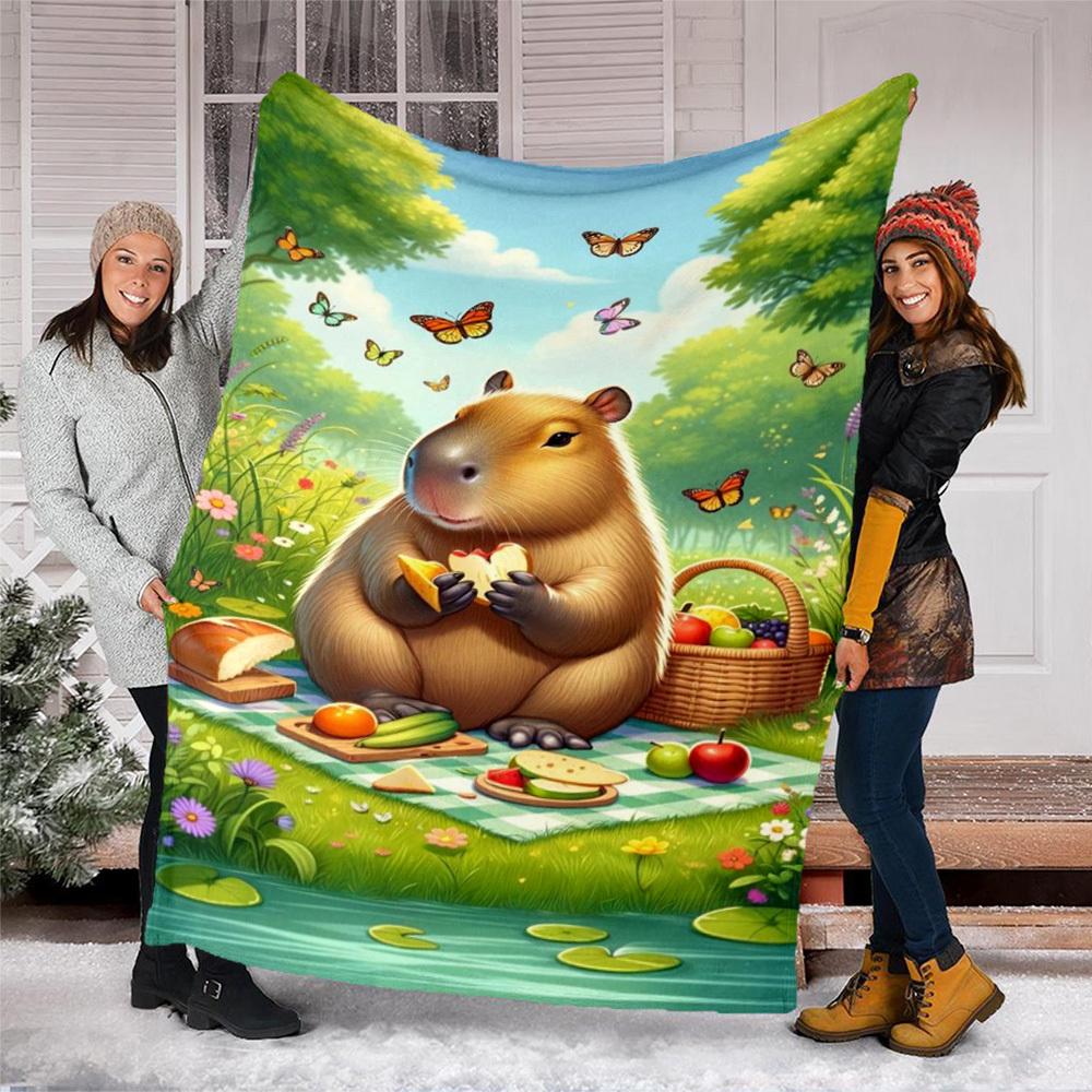 1pc Capybara Picnic Print Outdoor Blanket, Lightweight Polyester,