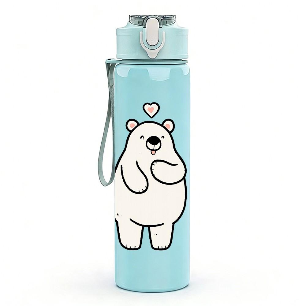 1PC White Polar Bear Heart 750ml Color Plastic Sports Water Bottle Leakproof Flip Straw Lid Suitable for Sports Office Home Use