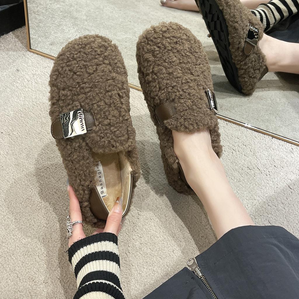 Lamb Wool Shoes Women's Autumn New Retro Flat Casual Beanie Shoes Women