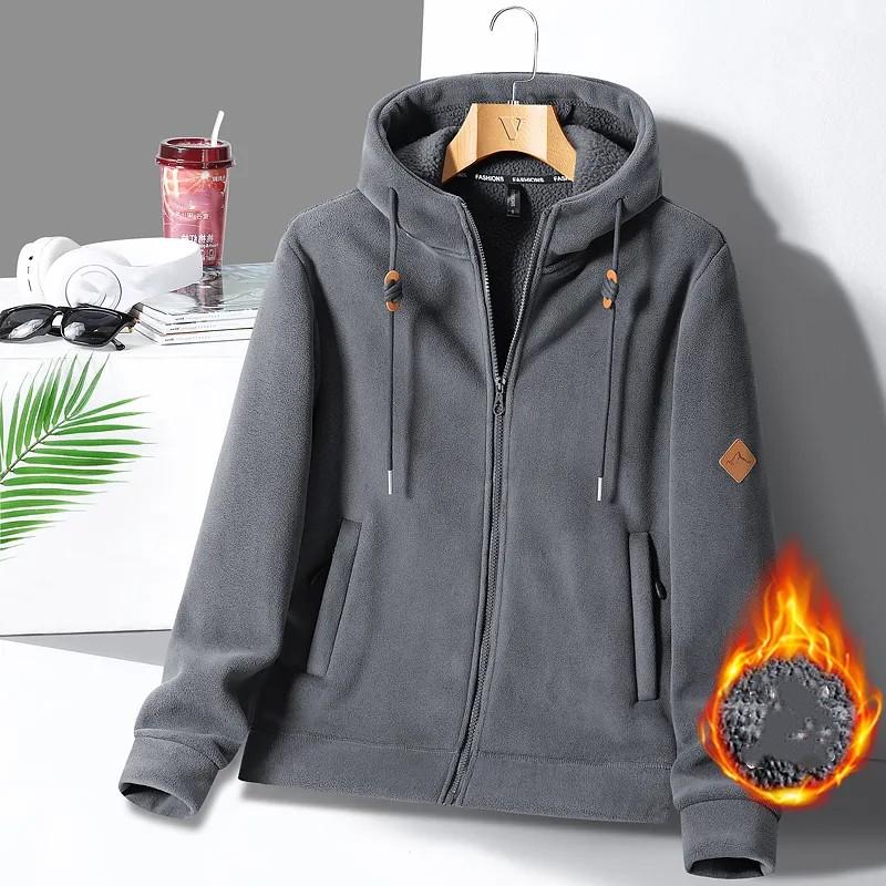 Men s Autumn and Winter Cold Warm Hooded Sports Jacket Solid Color Lazy Wind Fleece Jacket XS