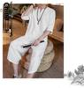 Men's Retro Chinese-Style Cotton & Linen Buttoned Three-Quarter Sleeve T-Shirt and Shorts Set