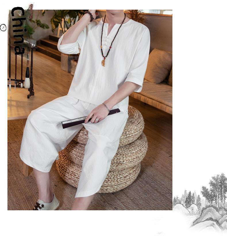 Men's Retro Chinese-Style Cotton & Linen Buttoned Three-Quarter Sleeve T-Shirt and Shorts Set