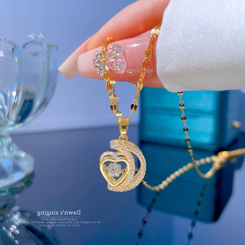 Halskette mit Mond- und Herz-Zirkon-Anhänger im koreanischen Stil, nicht verblassende Titanstahl-Schlüsselbeinkette für Damen