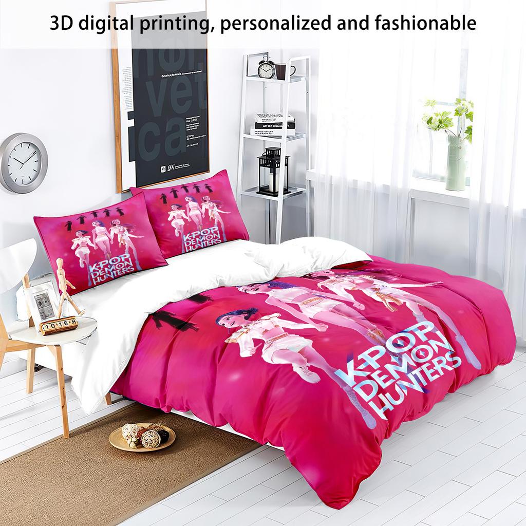 K-Pop Dämonenjäger Themen Bettwäsche Set Bunter Druck Polyester Studentenwohnheim Bettlaken Bettbezug Kinder Geschenk Heimtextil