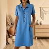 Damen Leinenmischung Hemdbluse Kurzarm Halbknopf Lässig Midi Kleid mit Taschen