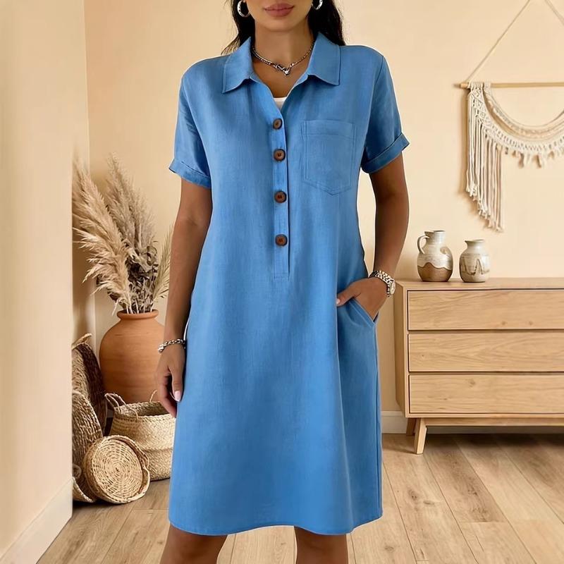 

Women s Linen Blend Shirt Dress Short Sleeve Half Button Casual Midi Dress with Pockets S синій