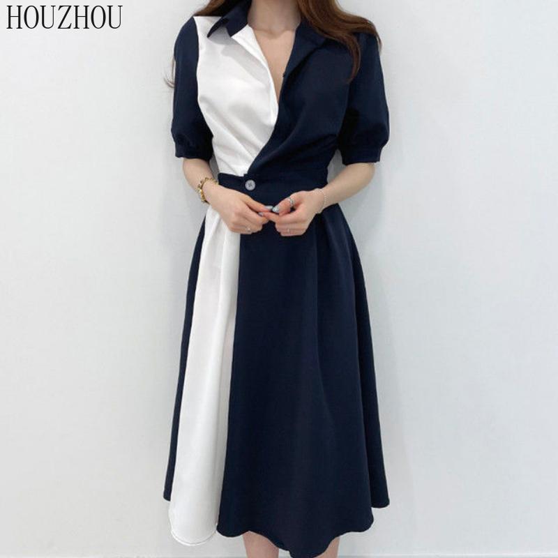 

HOUZHOU лоскутное платье-рубашка женское летнее с коротким рукавом шикарное классическое базовое офисное женское французское винтажное платье миди 2XL темно-синий