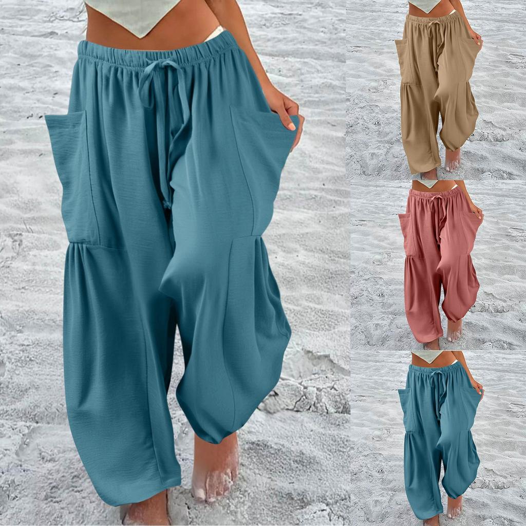 Women Plus Size Wide Leg Pants Middle Waist Summer Baggy Pants With Pockets