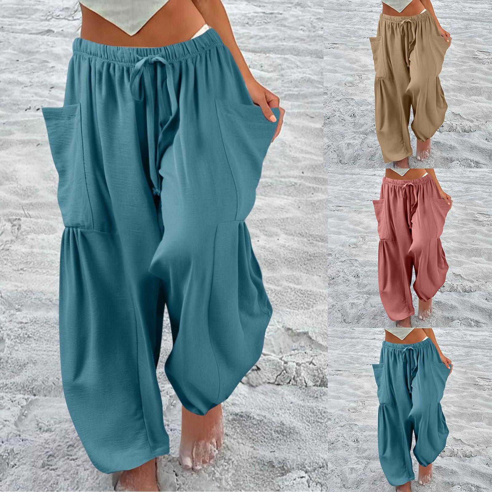 

Жіночі широкі штани великих розмірів, літні мішкуваті штани середньої талії з кишенями XL кавовий