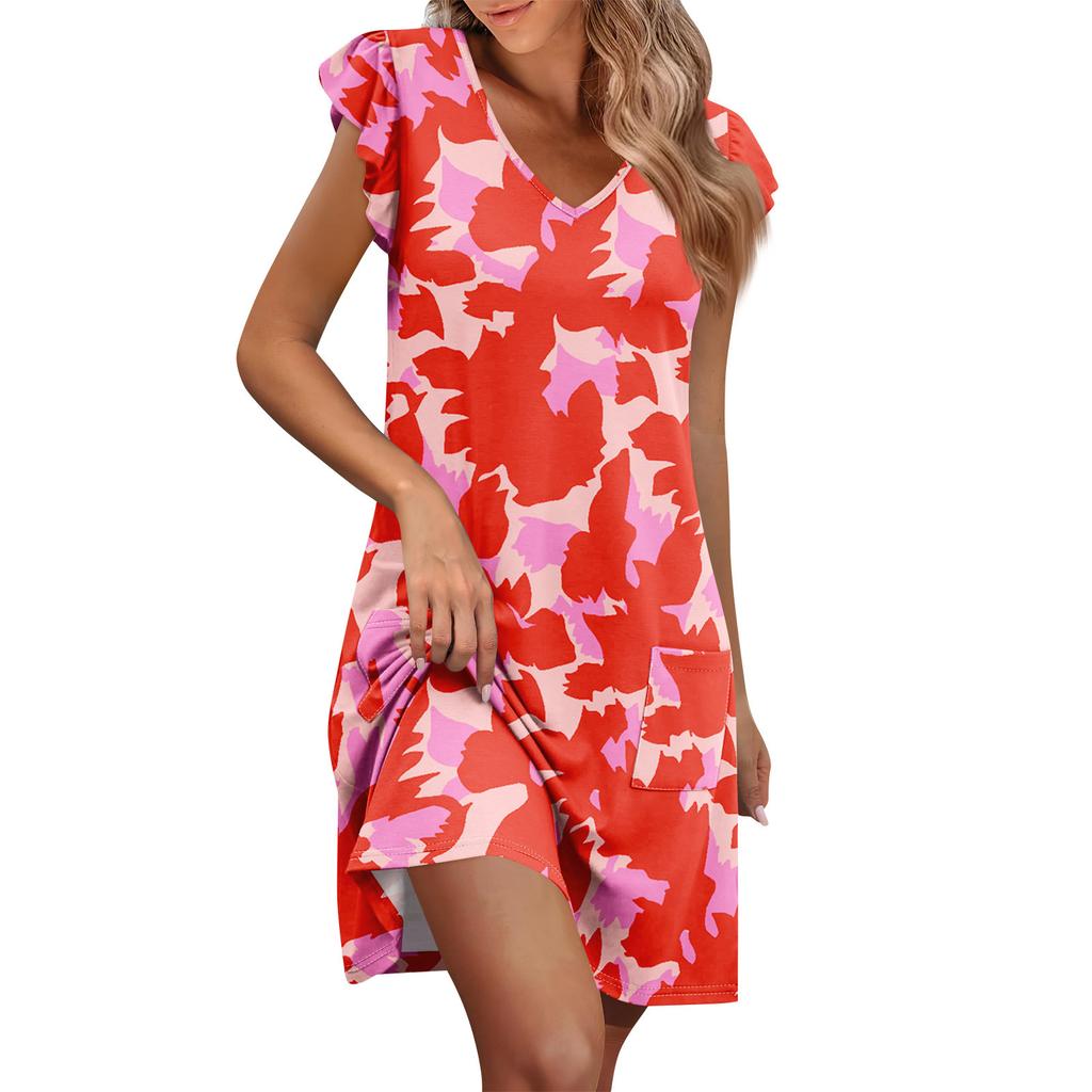 Womens Summer Dress Ruffle Sleeve V Neck Short Dresses Fashion Casual Flowy A Line Swing Sundress With Pocket