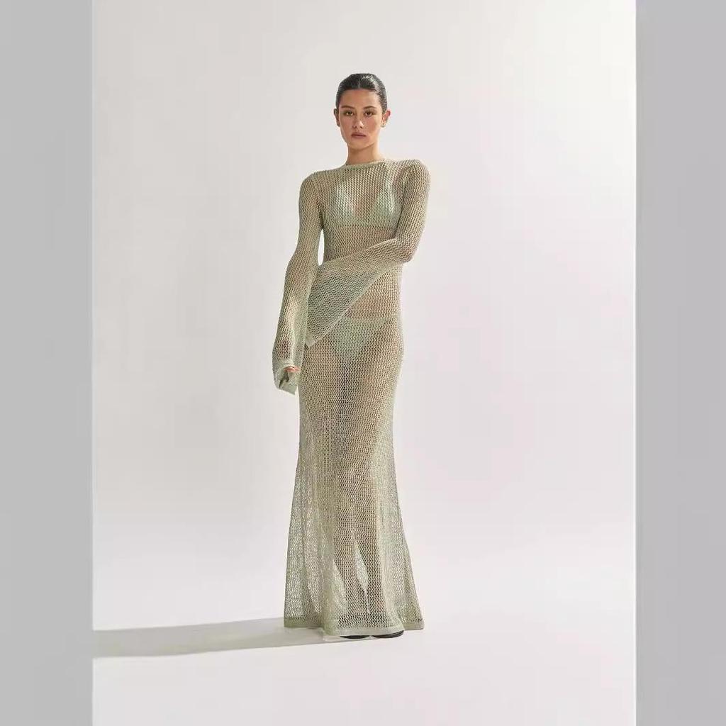 European & American Women's Summer Knitted Backless Long-Sleeve See-Through Floor-Length Dress