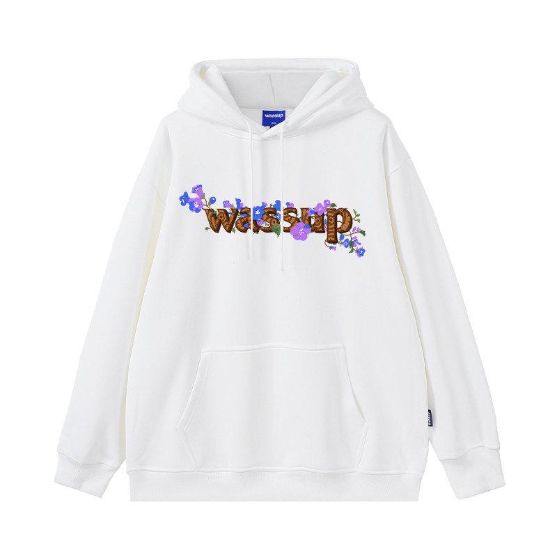 Wassup Floral Letter Hoodie Men's Autumn and Winter American Street Style Couple's National Trend Pullover Top