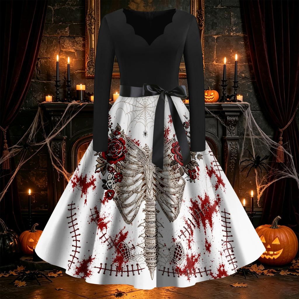 Women's Vintage V-Neck Long Sleeve Swing Dress with Halloween Print for Party Costume