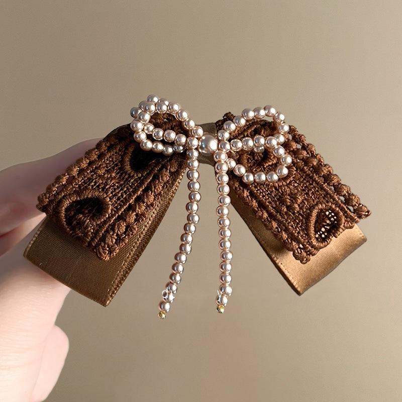 1pc Rose Milk tea~Butterfly Knot Pearl Lace Hair Clip for Women, New High-end Style, Duck Billed Clip, Sweet Bangs Clip