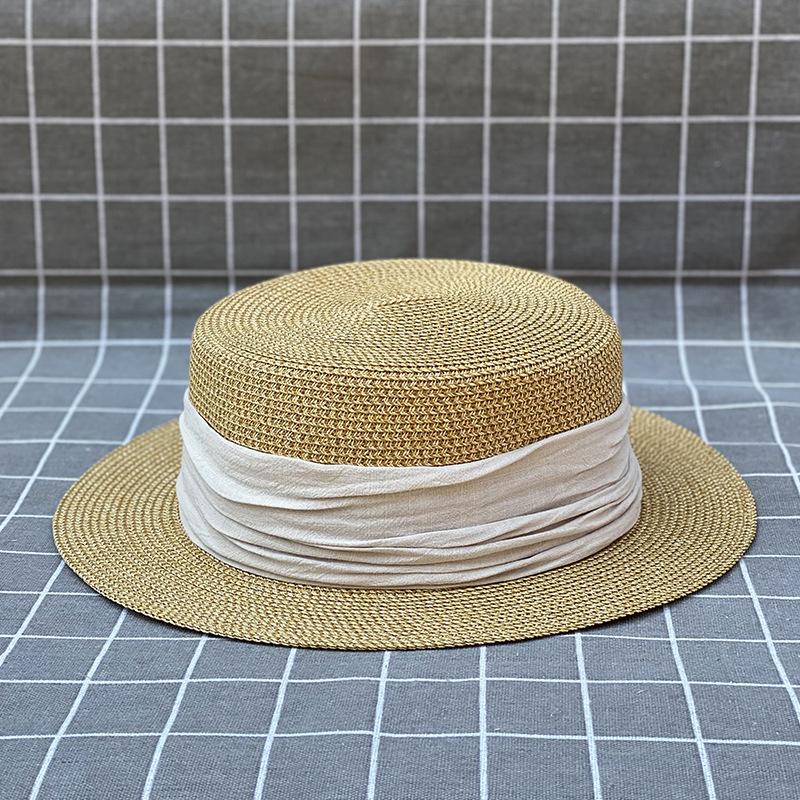 

Simple cotton and linen cloth pleated flat top straw hat women s summer travel sun protection beach vacation sun hat M（56-58cm） чорний
