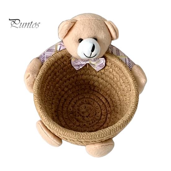 Gentle Color Storage Basket Desktop Basket, Cartoon Plush Bear And Rabbit Rope Decorative Plaid Bow Organizer Shape, Woven for Small Items Jewelry