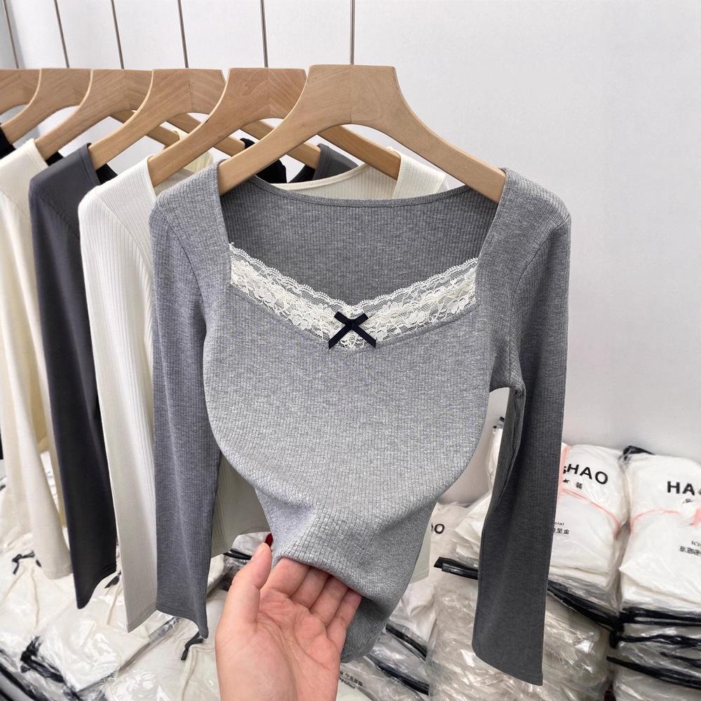 

Sweet & Spicy French Lace Patchwork Long Sleeve Women s T-shirt - Waist-Cinching, Warm Autumn/Winter Layer L серый