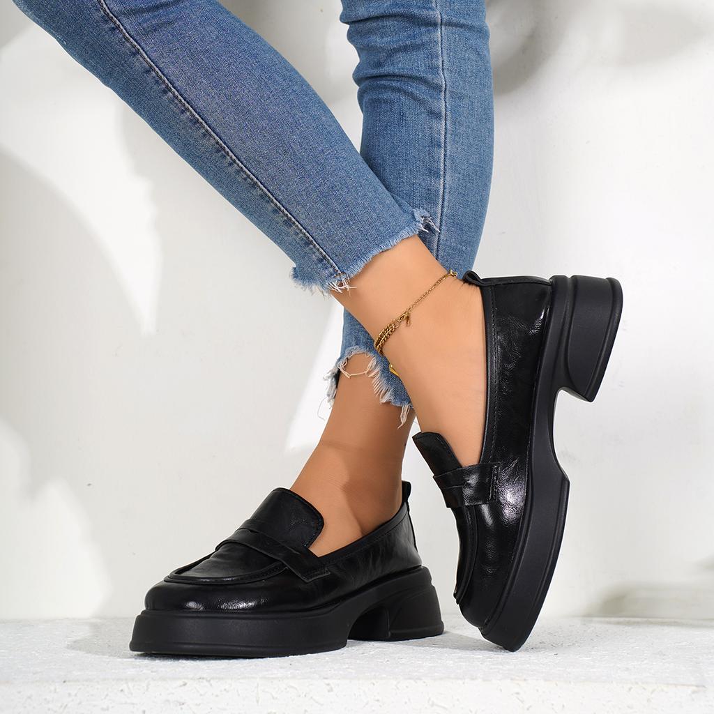 Fashion Black Leather Shoes Women's Shoes High Heels Versatile British Style New Spring and Autumn French College Style Women's Shoes