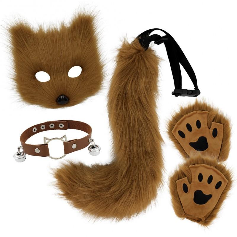 Halloween Fox Mask Set With Paws Gloves Cute Collar Furry Tail Cosplay Costume Party