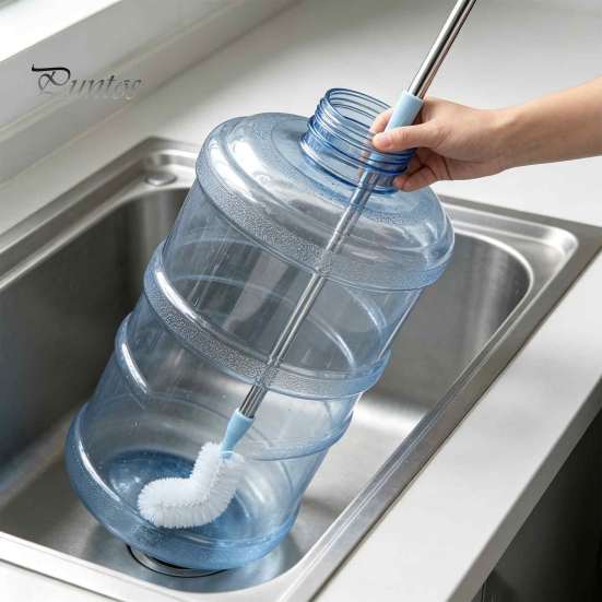 Effortless Cleaning Tool for Mineral Water Barrels Extra Long Stainless Steel Bucket Brush, Flexible High Density Bristle Curved Head Scrubber Narrow