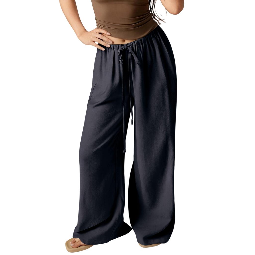 Women's Loose Wide-Leg Pants Casual Loose Cotton Linen Pants With Drawstring No Pocket