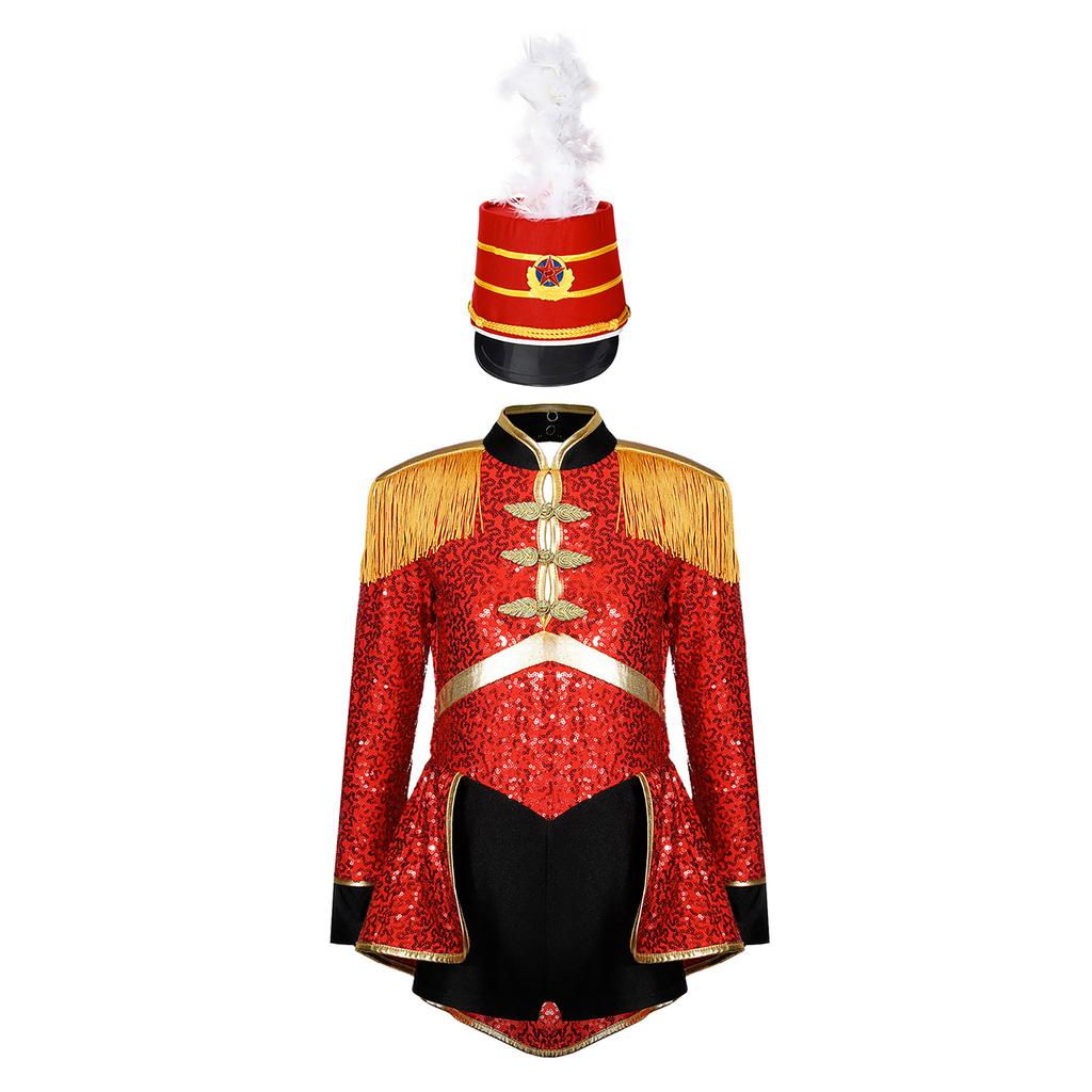 Girls Circus Drummer Costume Long Sleeve Fringe Epaulet Sequins Bodysuit Mini Top Hat Drum Accessory