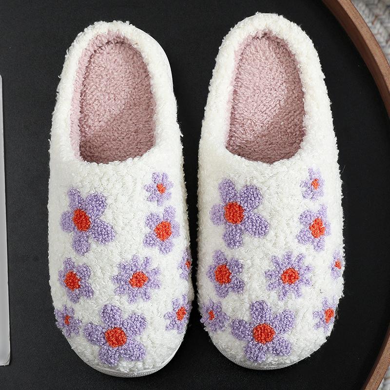 Fashion Winter Flower Cotton Slippers Women Soft Faux Fur Warm House Shoes Slipper Woman Non Slip Wear Resistant Plush Slides Lady