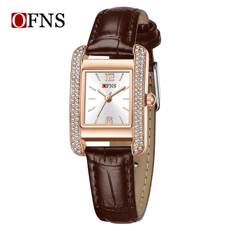 OFNS Elegant Women's Square Dial Watch: Simple Niche Bar Markers, Waterproof, Luxury Diamond Inlaid Quartz.