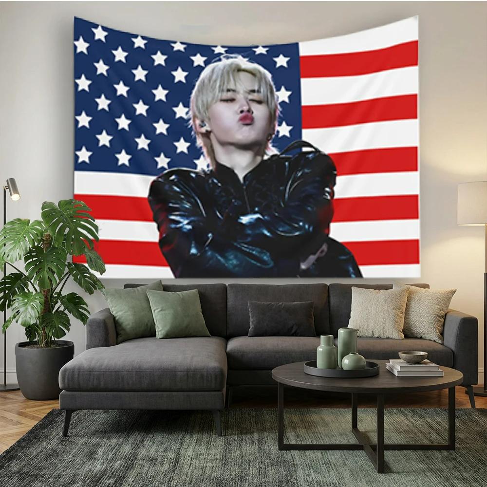 Lee Know Cute Toothed Mouth American Flag Skz Kpop Banner Dormitory Home Decoration Tapestry Fan Birthday Gift