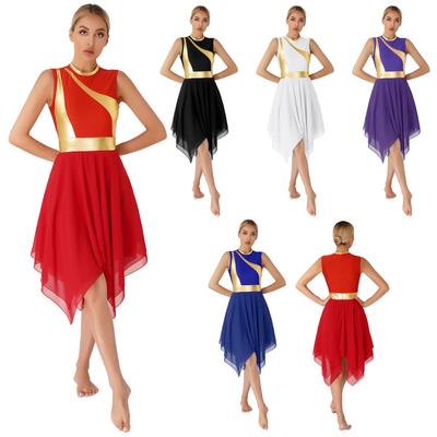 Damski nowoczesny liryczny kostium taneczny Color Block Patchwork Bez rękawów Nieregularne obszycie Sukienka Dancewear