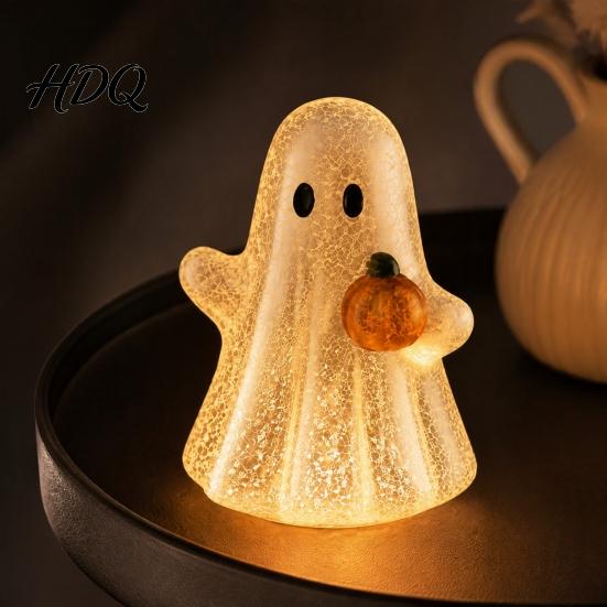 Halloween Night Light Cracked Ghost Figurine Light, Table Centerpiece, LED Light-up Spooky Bedroom Holding Pumpkin Ornament for Home Mantel Decorative