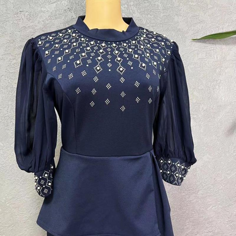 African Women's High-End Beaded Lantern Sleeve Dress