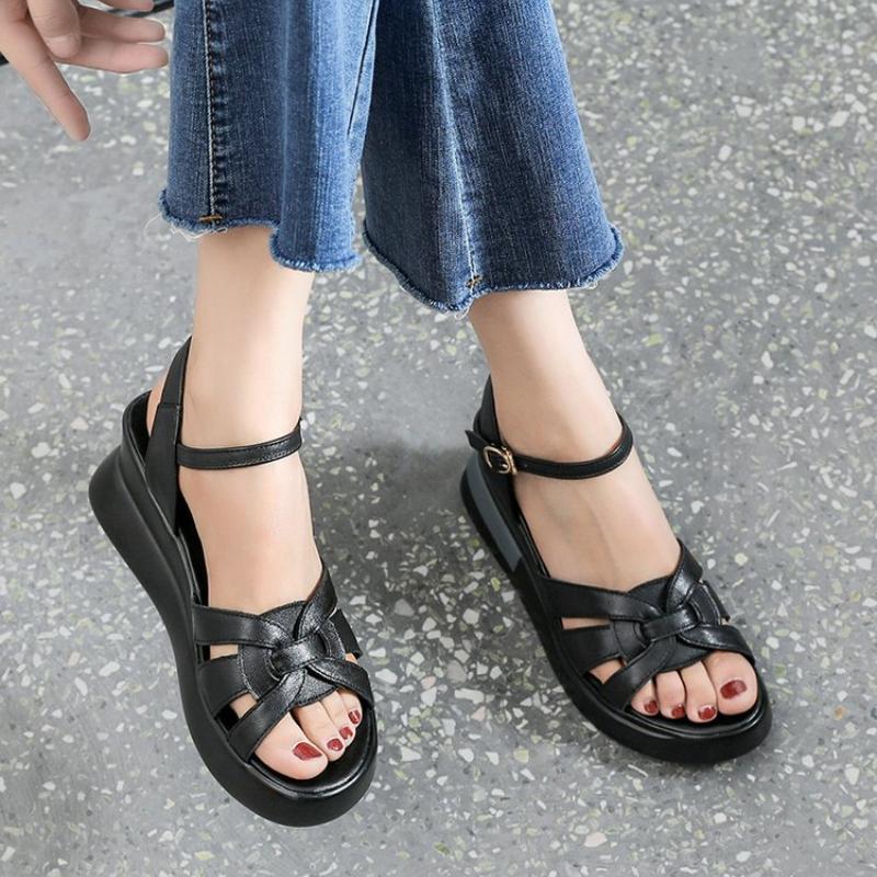 Fashion Minimalist Cross Sandals 2024 Summer New Breathable Casual Thick Sole Slope Heel Women's Fish Mouth Sandals Zapatos De Mujer