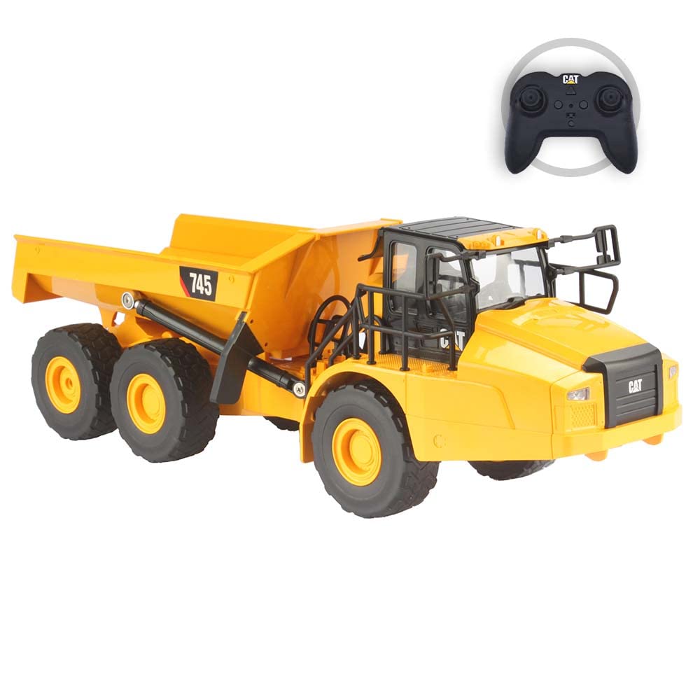 Diecast Master Серия электрических радиоуправляемых строительных машин в масштабе 1:24: Шарнирно-сочлененный самосвал Caterpillar CAT 745 со световыми и звуковыми эффектами.