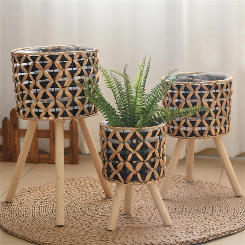 Wood Legged Gourd Grass Plant Stand for Indoor Outdoor Display Hand Woven Planter Basket Flower Pots Storage Container